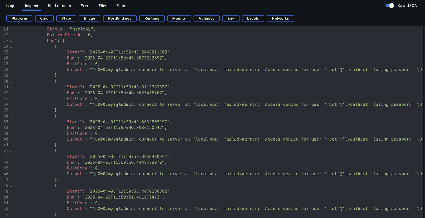 A screenshot of inspecting a MySQL Docker container