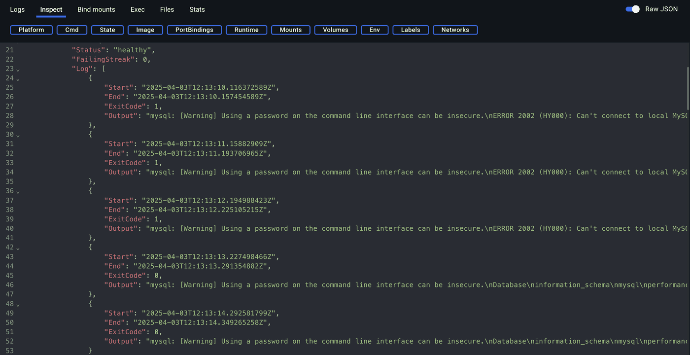 A screenshot of inspecting a MySQL Docker container